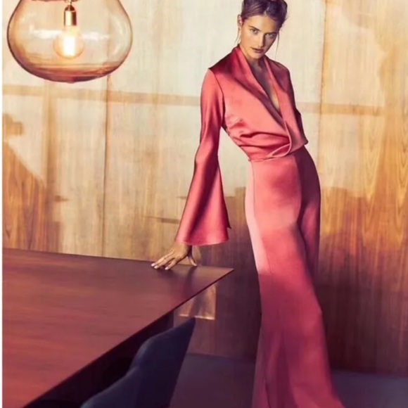 $724 ALEXIS “Raine” Flared Satin Jumpsuit in Rose Madder - Picture 12 of 16